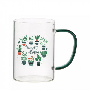 O cană (cupă) din sticlă transparentă cu mâner de sublimare colorat. Photo 2